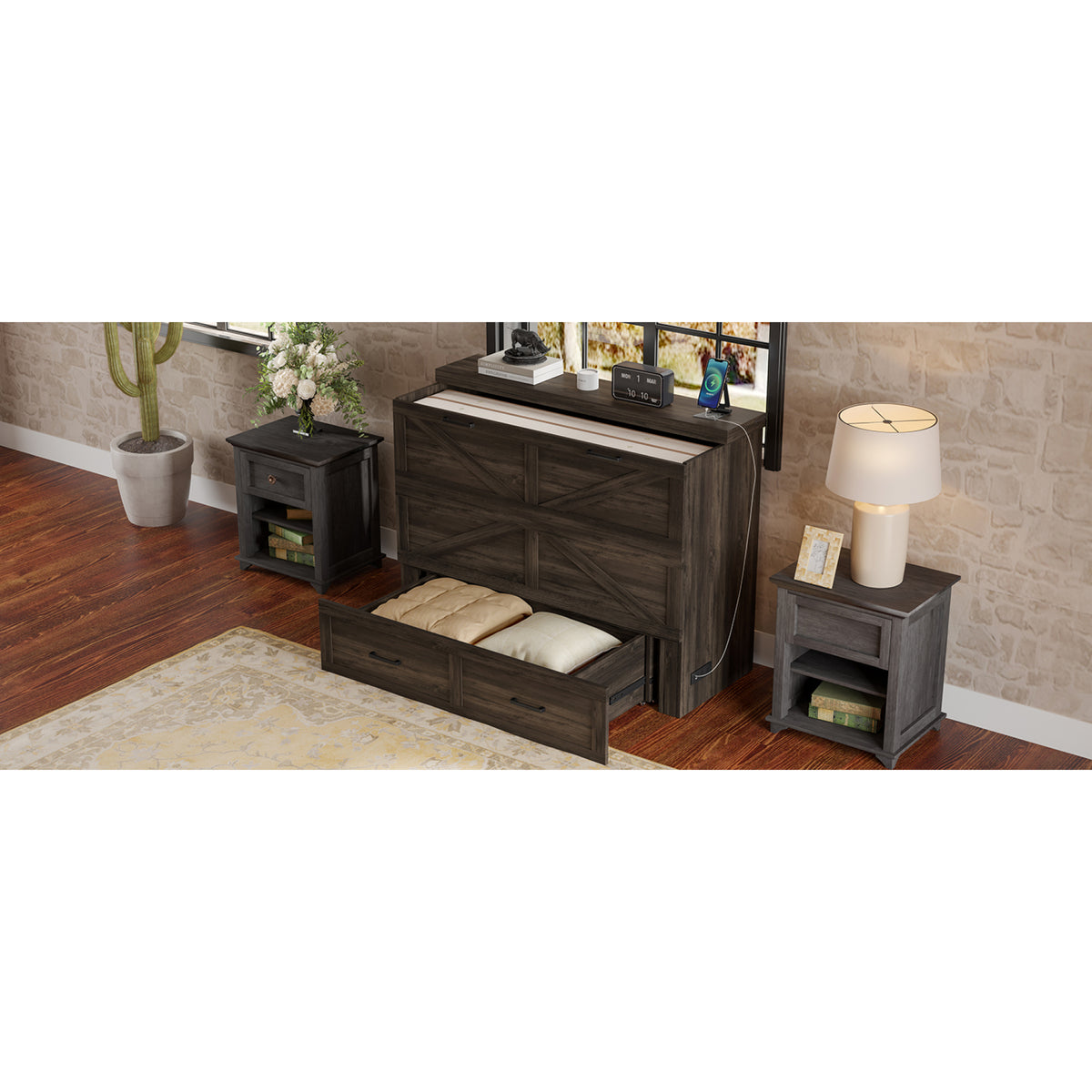 variant-group:rf-n733s237853g|Roomfitters Full Size Farmhouse Murphy Cabinet Bed with Charging Station, Foldable Platform Bed with Large Storage for Guest Room, Small Bedroom, Rustic Gray
