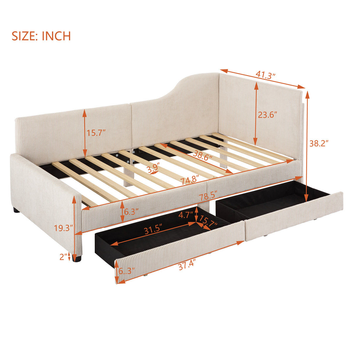 variant-group:rf-n733p171470a|Roomfitters Twin Size L-Shaped Corduroy Daybed, Upholstered Platform Bed Frame with 2 Convenient Storage Drawers for a Modern Touch, Beige