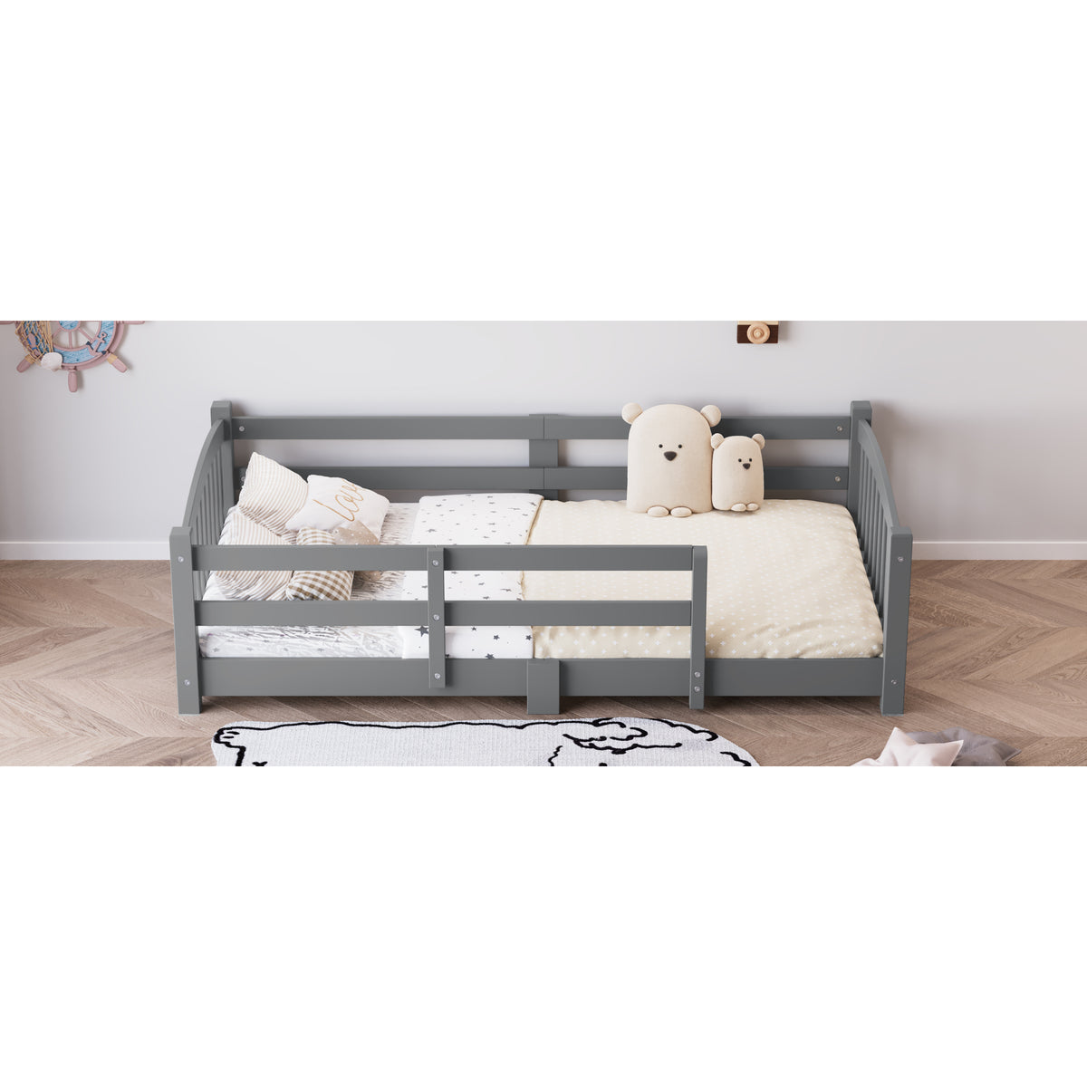 variant-group:rf-n733p400298e|Roomfitters Twin Montessori Floor Bed with Guardrails, Solid Wood Low Platform Bed with Slats, Easy Assembly, Gray