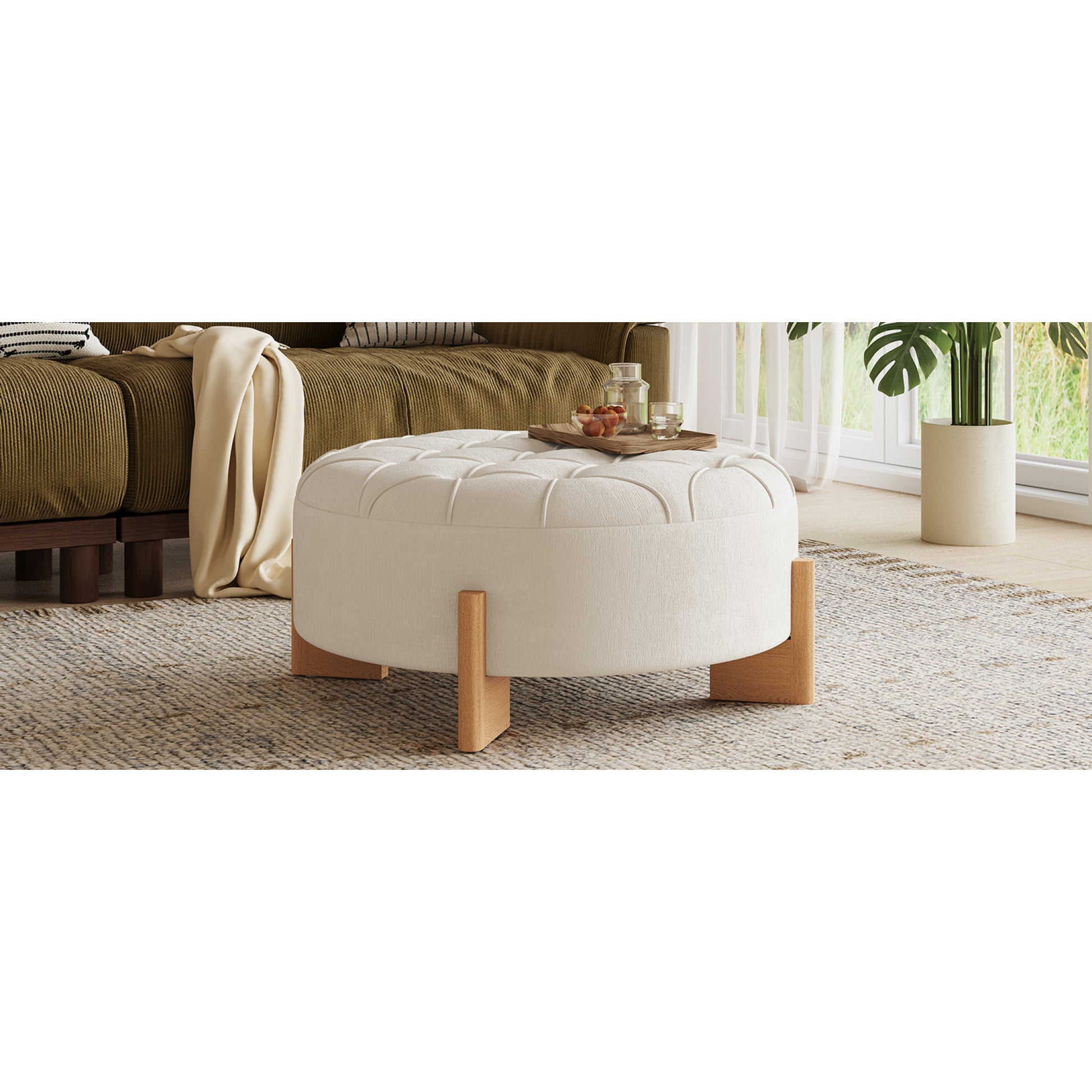 variant-group:rf-n723p405298a|Roomfitters 32 Inch Oversized Round Button-Tufted Ottoman, Upholstered Coffee Table Footrest with Wood Legs, Beige