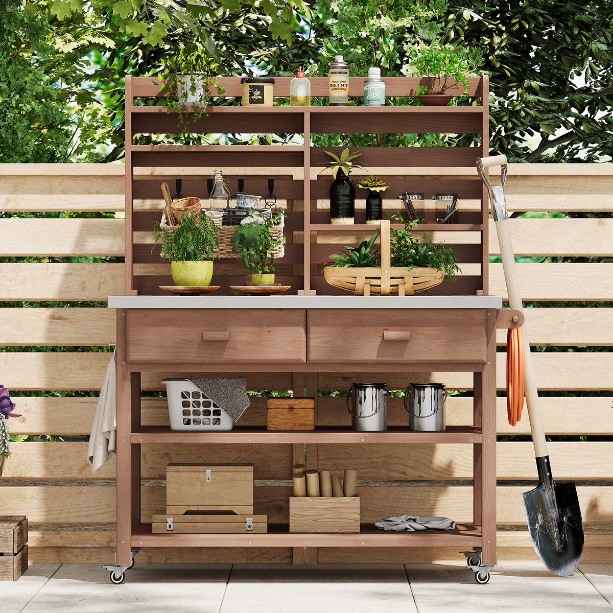 variant-group:rf-n707p228274z|Roomfitters 64.9" Outdoor Potting Bench Table, Rolling Kitchen Island with Hutch, Stainless Steel Top, Storage, Brown