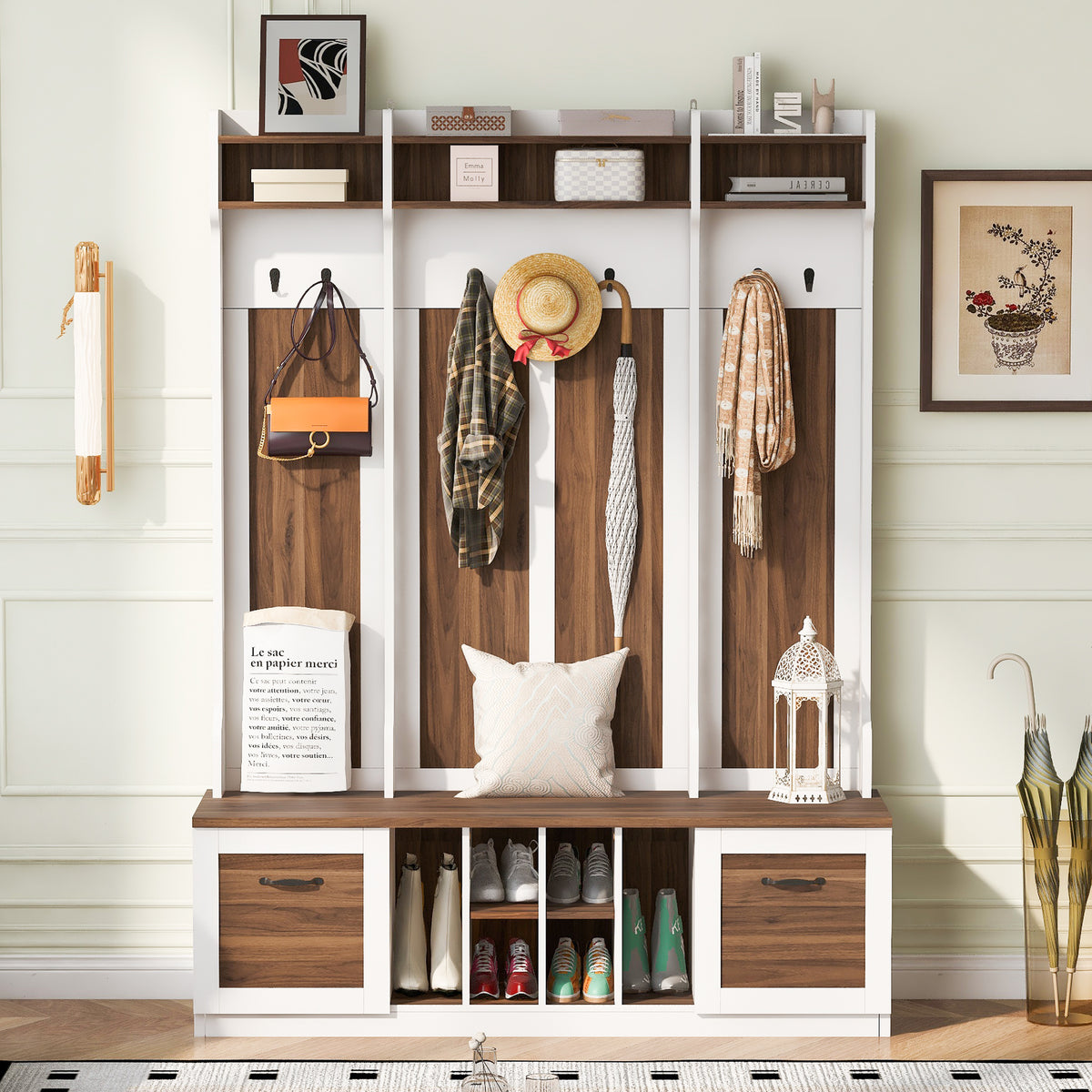 variant-group:rf-n724p235232d|Roomfitters 5-in-1 Entryway Bench with Coat Rack, Hooks, Drawers and Adjustable Shelves, Hall Tree for Hallway or Living Room, Brown+White
