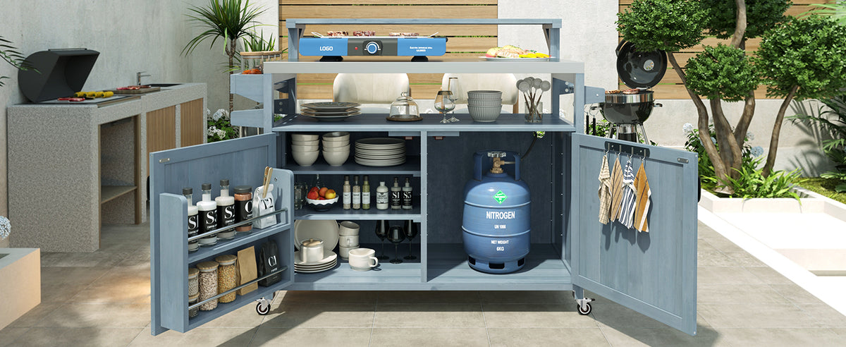 variant-group:rf-n707p250628g|Roomfitters 53.3" Outdoor Kitchen Island with Raised Shelf, Wood Storage Cabinet, Stainless Steel Top, Rolling Grill Cart, Grey Blue