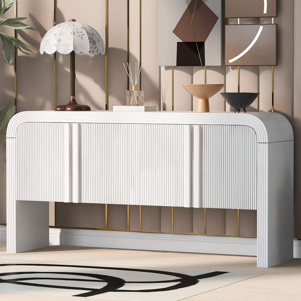 variant-group:rf-n711p415846k|Roomfitters Modern Rustic White Curved Wave Pattern Console Table with Adjustable Storage Shelf and Elegant Wooden Handles