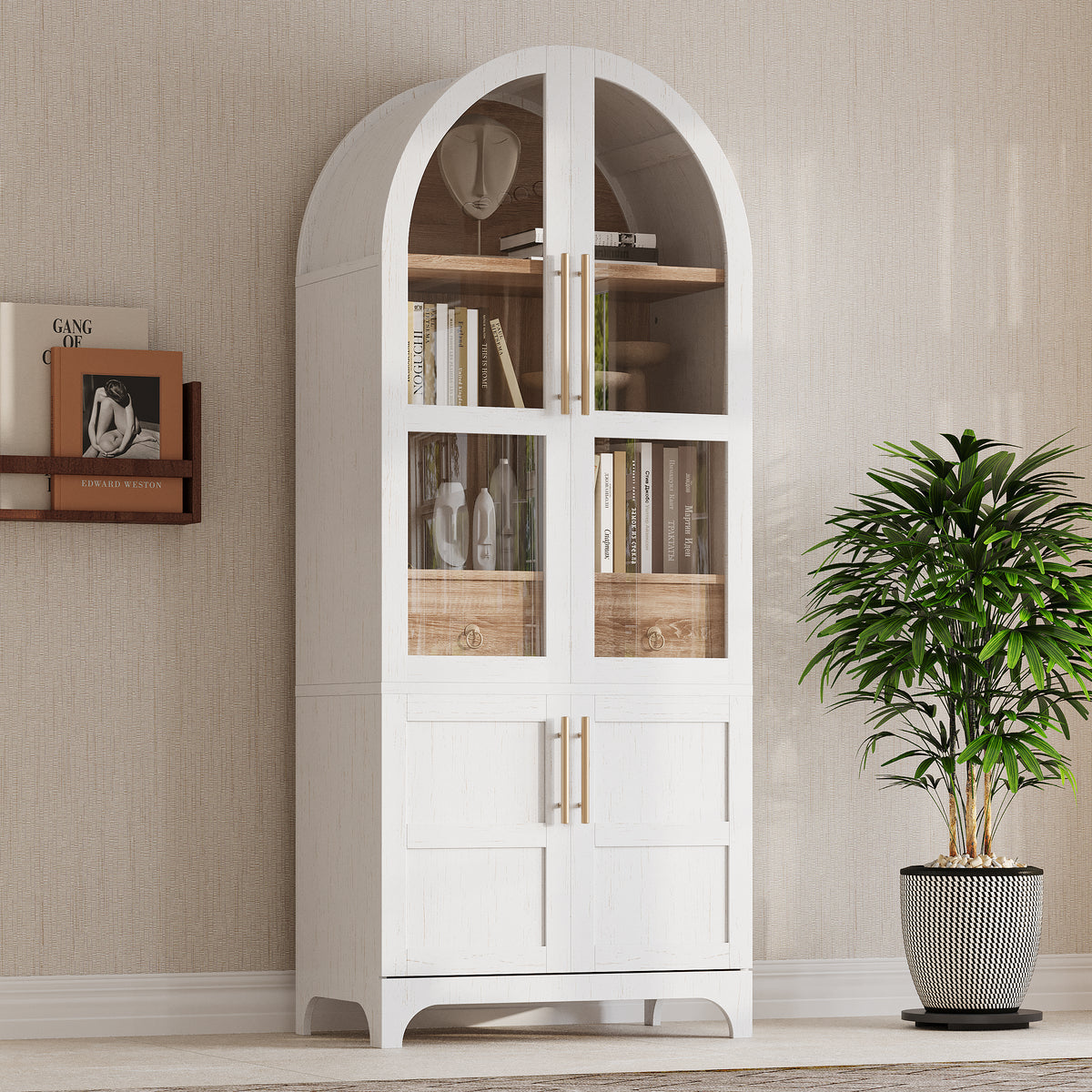 variant-group:rf-n707s288969w|Roomfitters 71" Pantry Cabinet with Arched Top & Glass Doors, 4-Door Storage Hutch with Adjustable Shelves for Kitchen, White