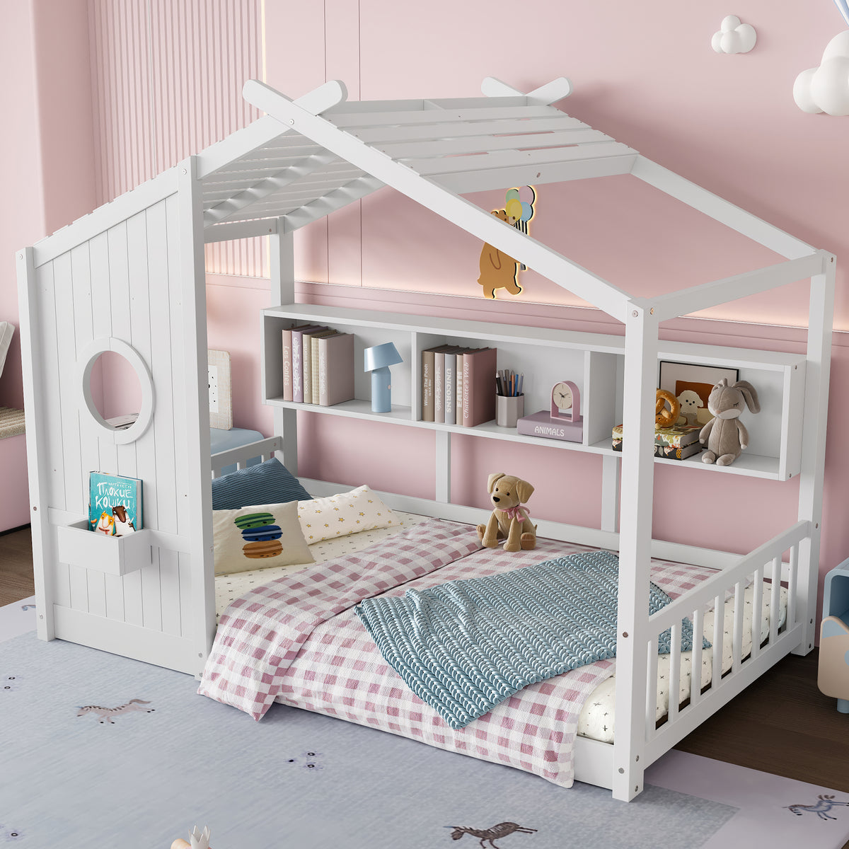 variant-group:rf-n733p335064k|Roomfitters Twin Size Floor House Bed with Storage Shelf and Roof Design, Montessori Playhouse Bed, White