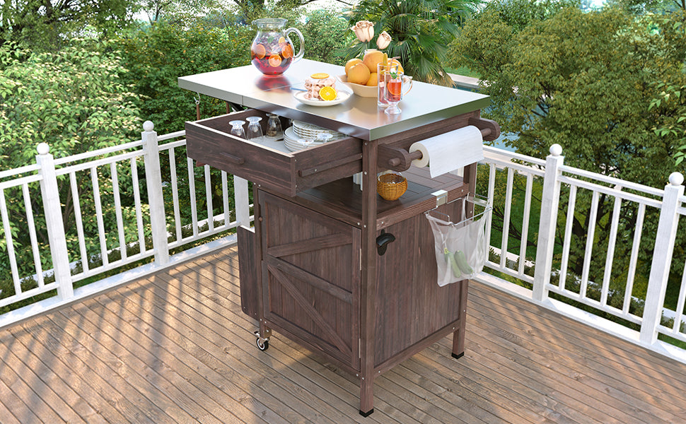 variant-group:rf-n707p228272z|Roomfitters 40.5" Outdoor Grill Cart with Stainless Steel Top, Wood Storage Cabinet, Drop Leaf, Rolling Cart, Brown