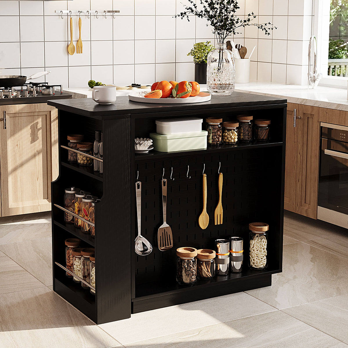 variant-group:rf-n711p437809b|Roomfitters Black MDF Counter Height Kitchen Island Sideboard Cabinet, Extendable Table, Acrylic Sliding Doors
