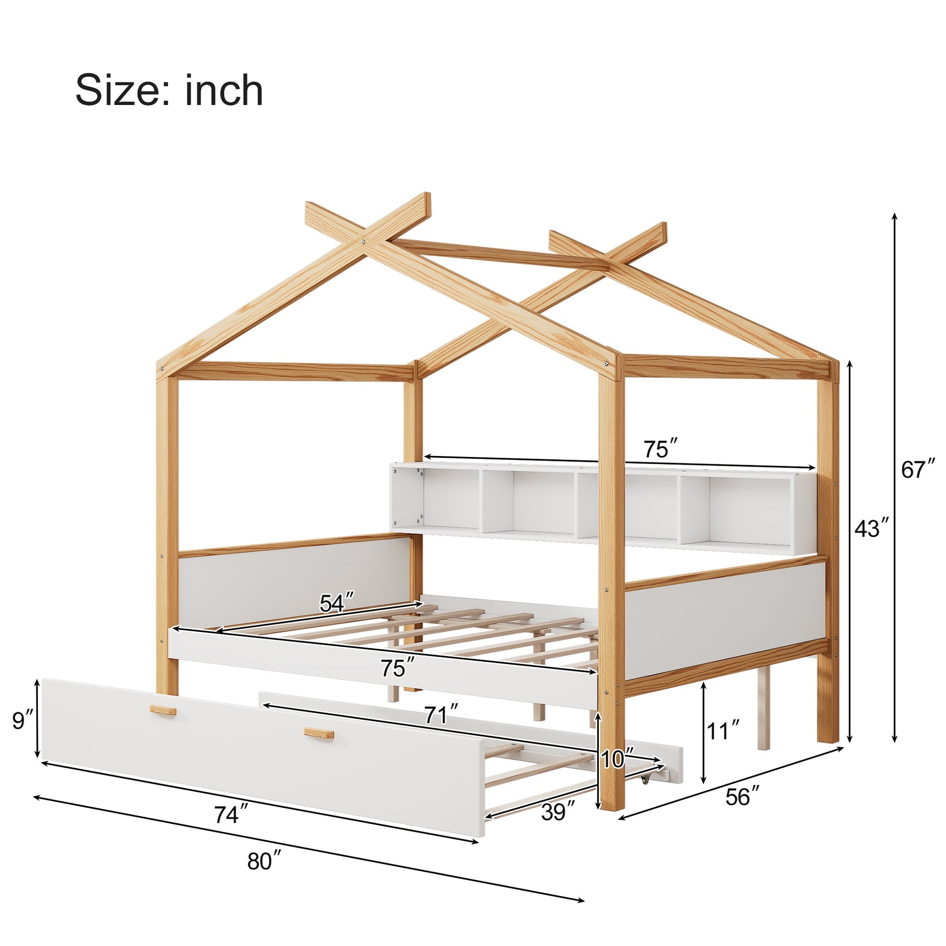 Roomfitters Full Size Wooden House Bed with Trundle and Bookshelf Storage, Solid Wood Frame for Guest Room, White Roomfitters
