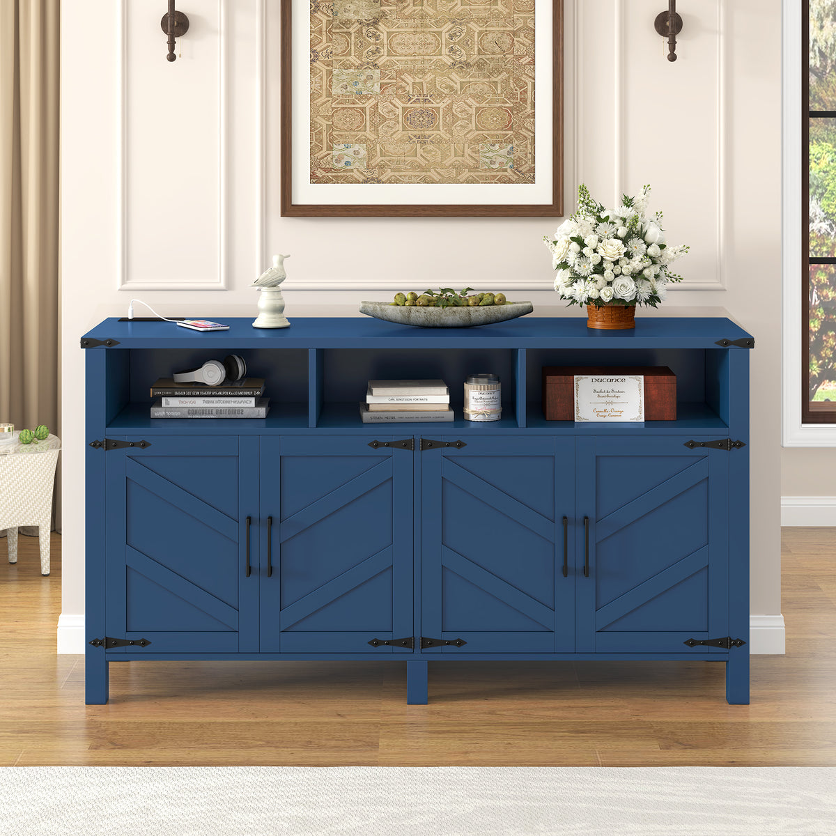 variant-group:rf-n711p347407v|Roomfitters 59" Sideboard Buffet Cabinet with 4 Door & Open Storage, Modern Farmhouse Industrial Coffee Bar Station, Navy Blue