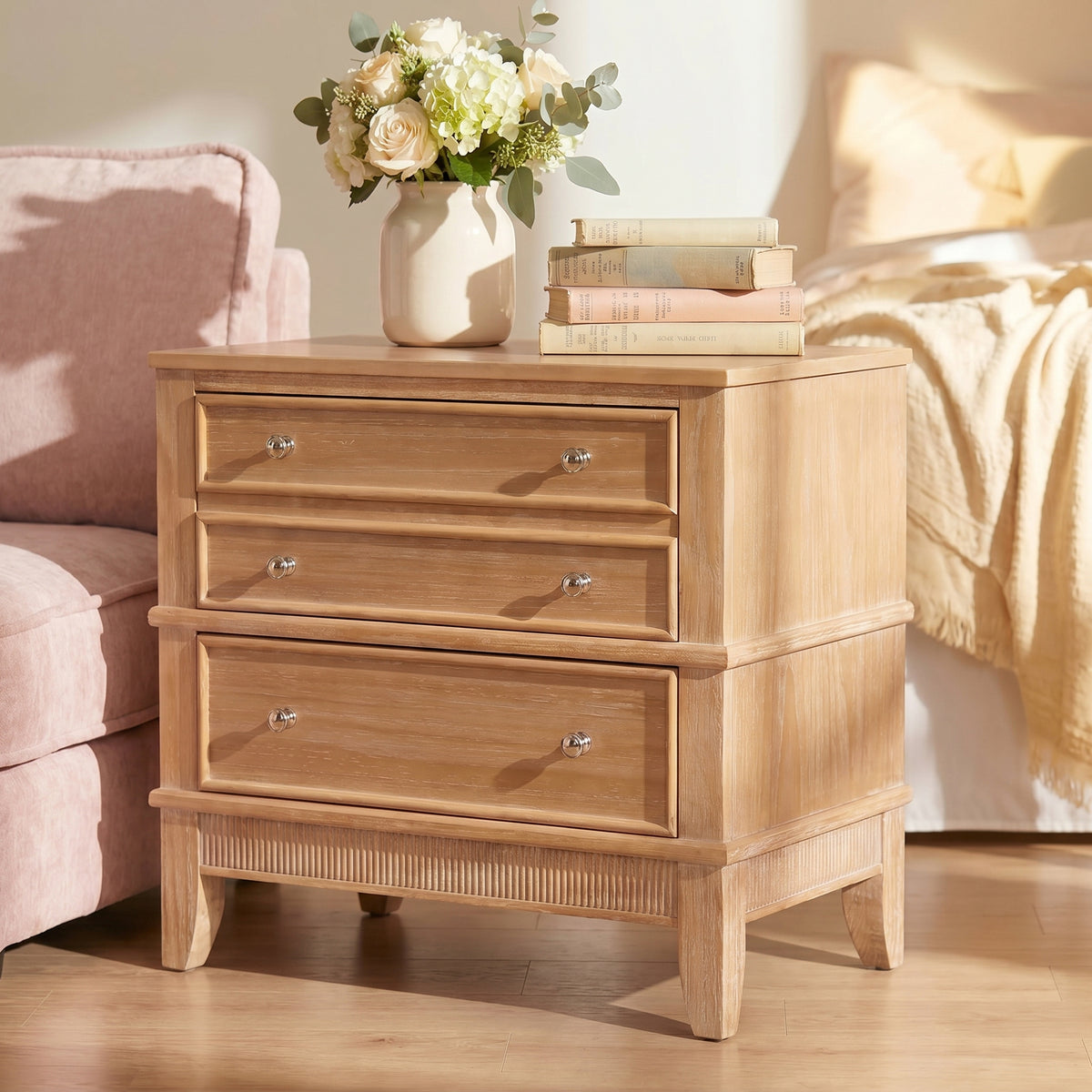 variant-group:rf-n701p183796d|Roomfitters 3 Drawer Farmhouse Wood Nightstand Side Table, Fully Assembled Bedside Accent Furniture, Felt Lined, Hazel