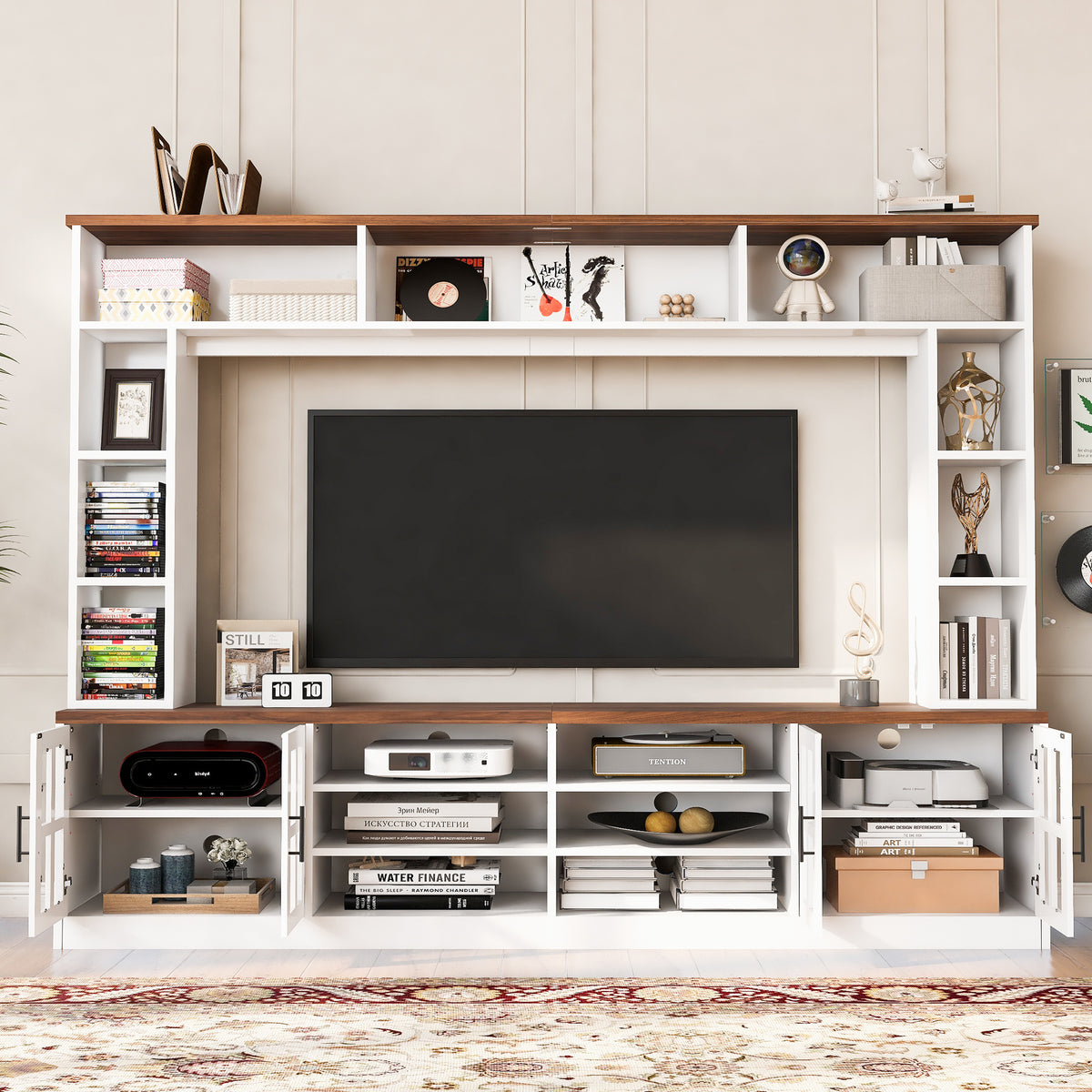 variant-group:rf-n724sj000161aak|Roomfitters 102"W Wall Unit Modern Entertainment Center, 18 Open Storage Shelves, White