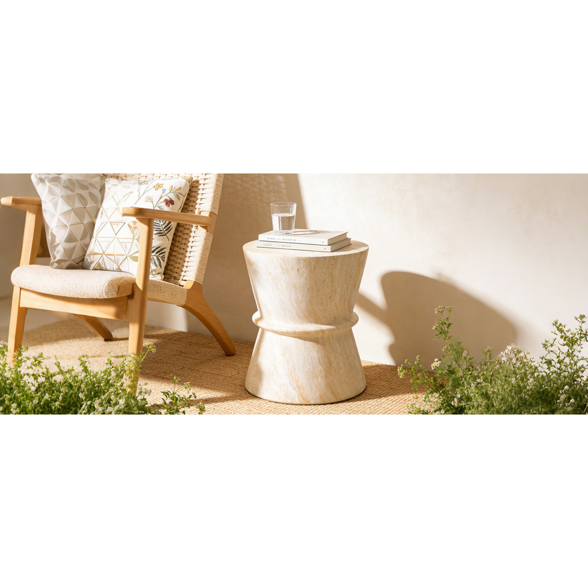 variant-group:rf-n711p422072m|Roomfitters Mid-Century Beige Hourglass Outdoor Side Table, Lightweight Concrete Accent Table, Modern MgO Garden End