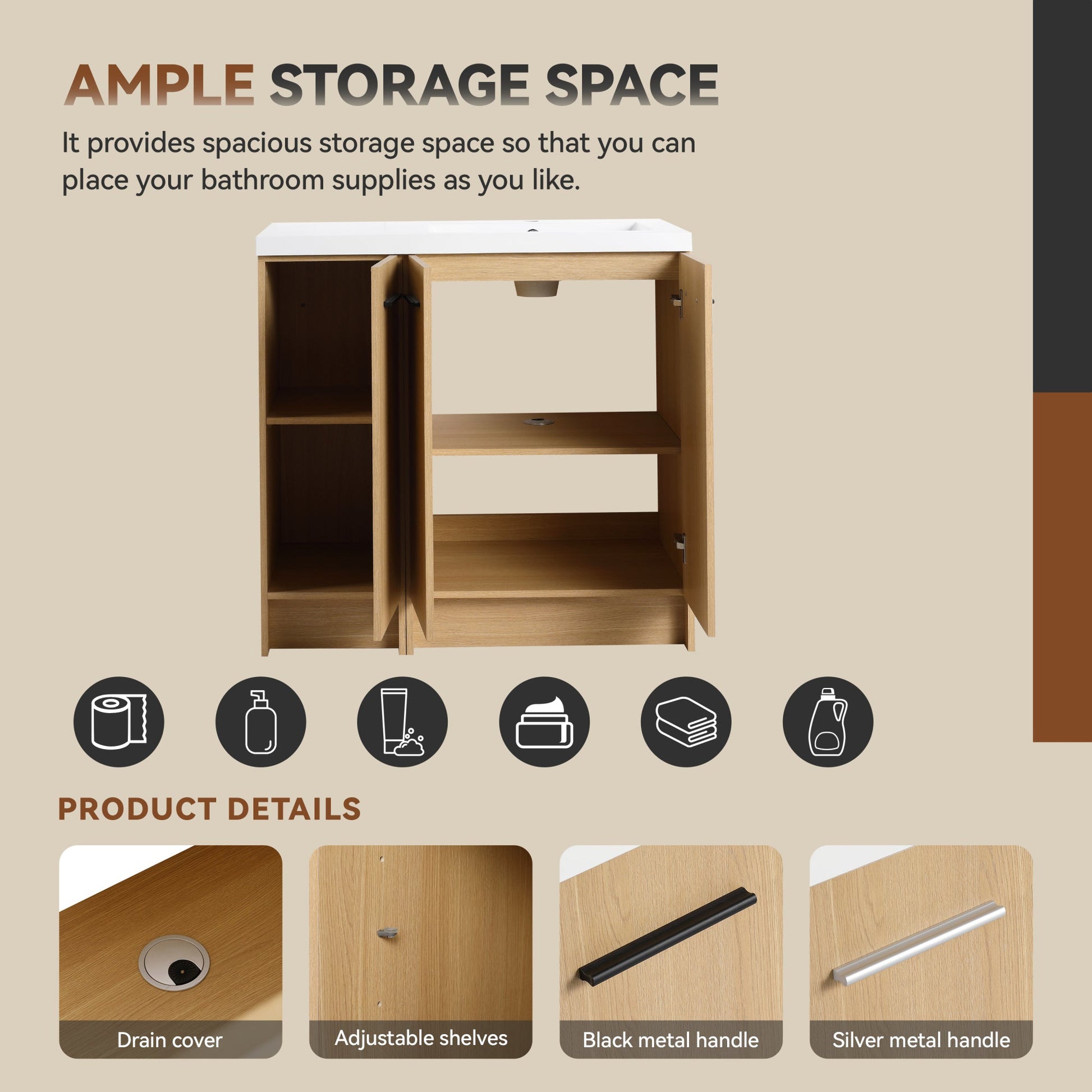 36" Modular Freestanding Bathroom Vanity with 36" Resin Sink Top, Light Oak, 2-Piece Cabinet (24" 2-Door + 12" 1-Door), KD Cabinet, Includes Black & Brushed Aluminum Handles Roomfitters