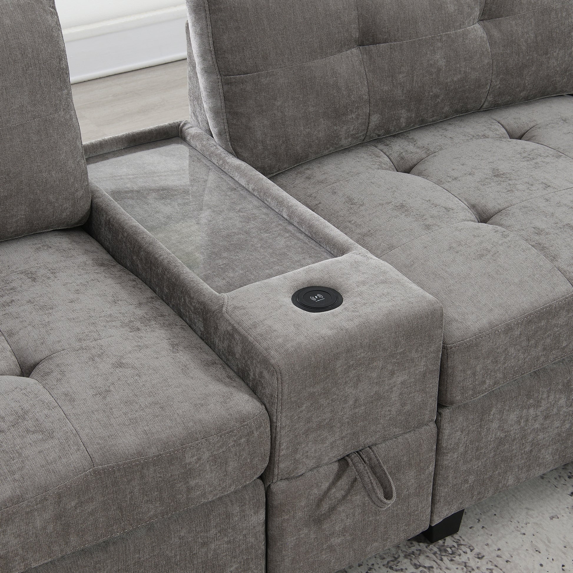 variant-group:rf-n723s1191e|Roomfitters 104 Inch Modular Sectional Sofa with Console and Cup Holders, Upholstered L-Shape Couch for Home Decor, Gray