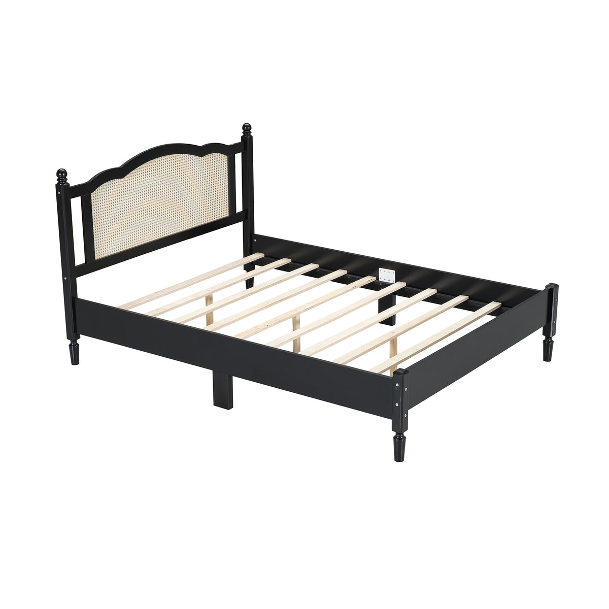 variant-group:rf-n733p180013b|Roomfitters Queen Size Wooden Platform Bed with Natural Rattan Headboard, Vintage-Inspired Bed Frame with Sturdy Wooden Slat Support for Timeless Elegance, Black