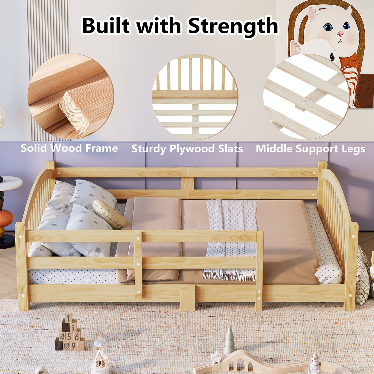 variant-group:rf-n733p400298n|Roomfitters Twin Montessori Floor Bed with Guardrails, Solid Wood Low Platform Bed with Slats, Easy Assembly, Natural