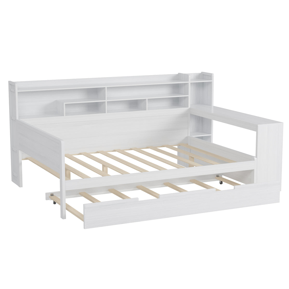 Roomfitters Wooden Full Size Daybed with Storage Shelves, Multi-functional Bed with Twin Size Trundle Bed and Study Desk, Antique White