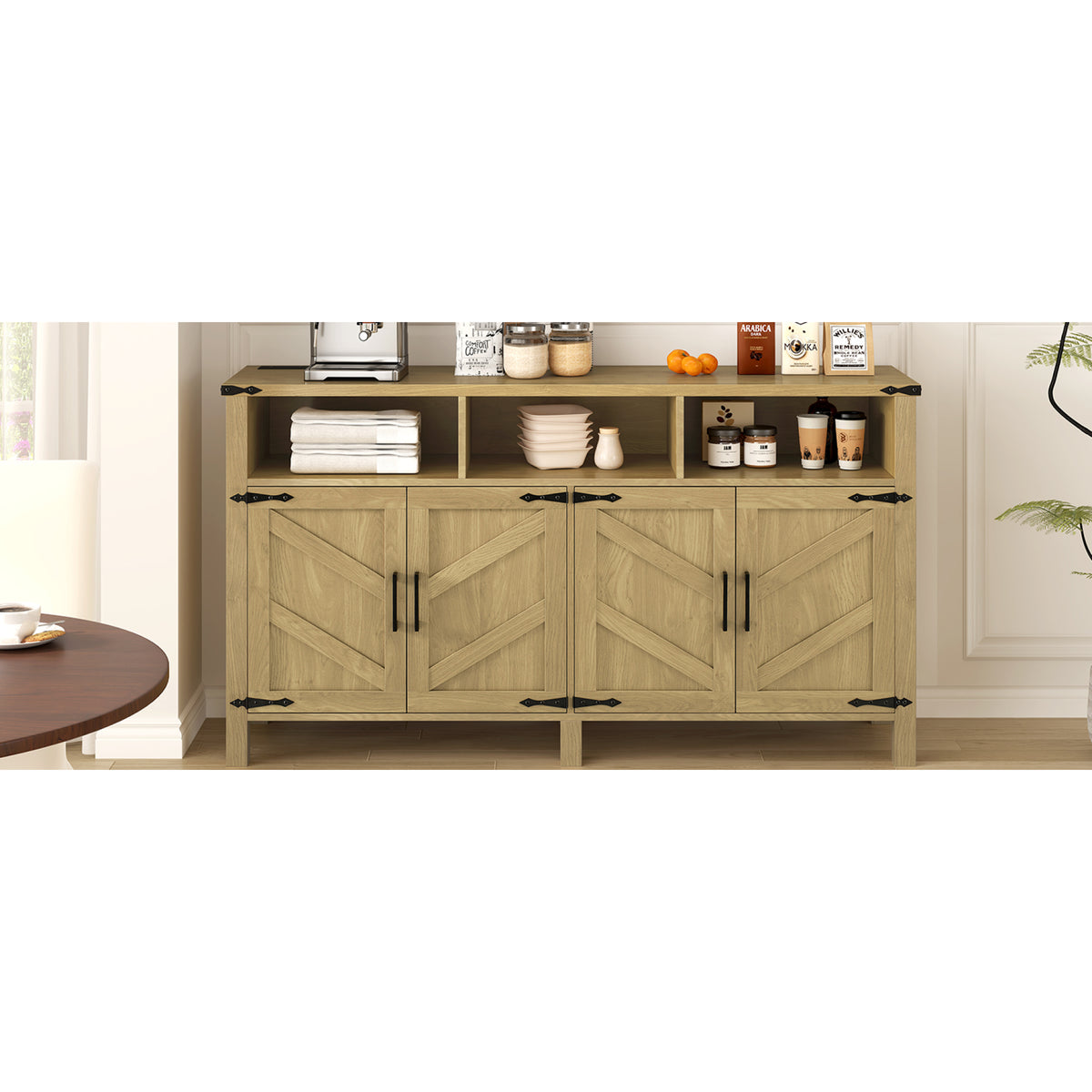 variant-group:rf-n711p347407o|Roomfitters 59" Sideboard Buffet Cabinet with 4 Door & Open Storage, Modern Farmhouse Industrial Coffee Bar Station, Natural