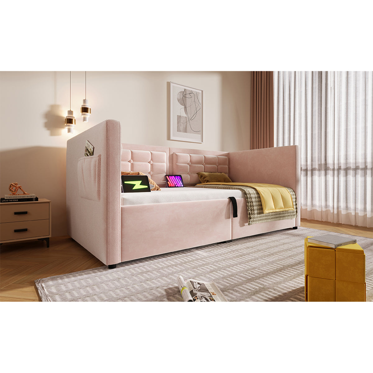 variant-group:rf-n736p303402p|Roomfitters Upholstered Twin Size Daybed with Storage, USB & Type-C Charging, Tufted Sofa Back, Velvet Pink