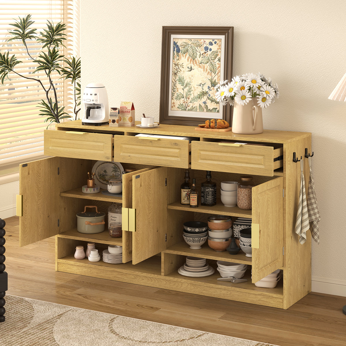 variant-group:rf-n711p345213o|Roomfitters 59.1" Farmhouse Sideboard Buffet Cabinet with 3 Drawers and 4 Doors, Kitchen Storage with Open Shelf, Natural