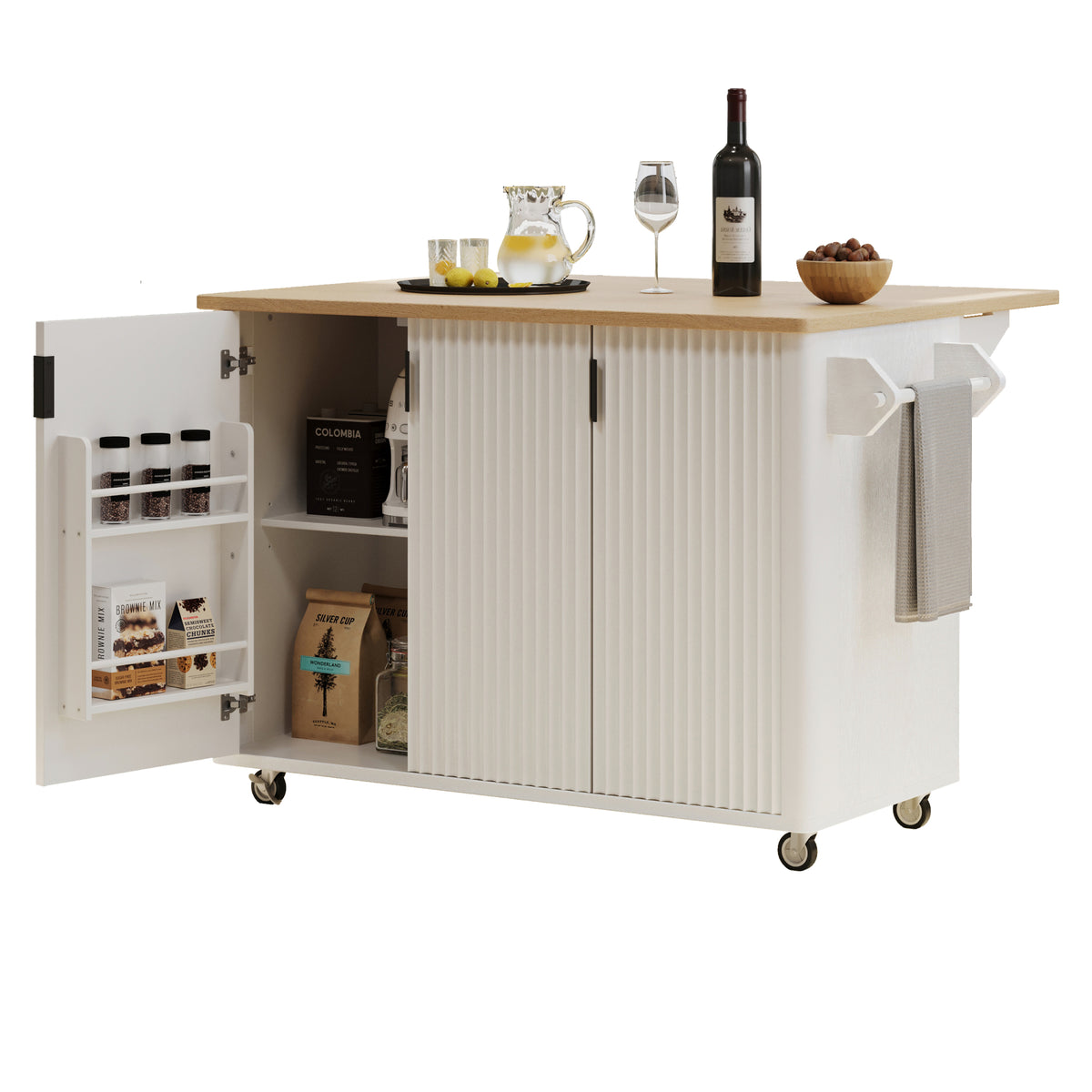variant-group:rf-n707p221446w|Roomfitters 51" Fluted Kitchen Island with Drop Leaf, Rolling Cart with Storage Rack, Farmhouse Style, Towel Rack, White