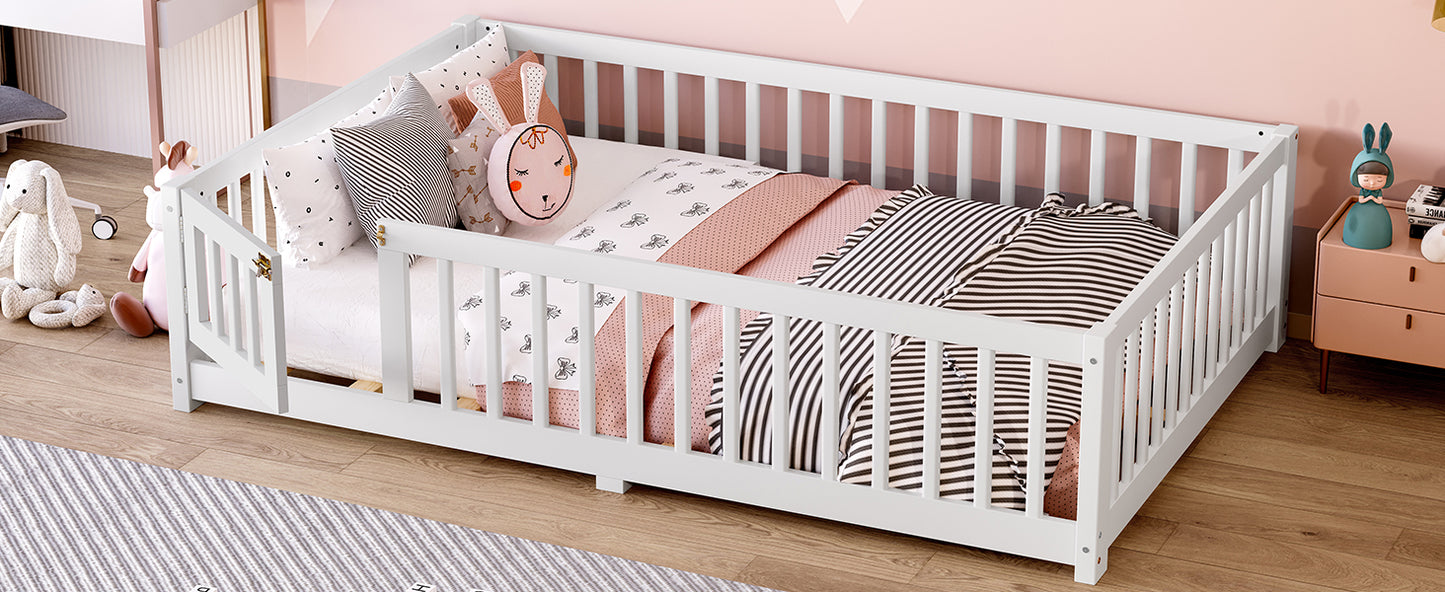 variant-group:rf-w1580p338950|Roomfitters Wooden Full Floor Bed Frame with Door & Safety Guardrails, Low Platform Design for Bedroom or Playroom, White
