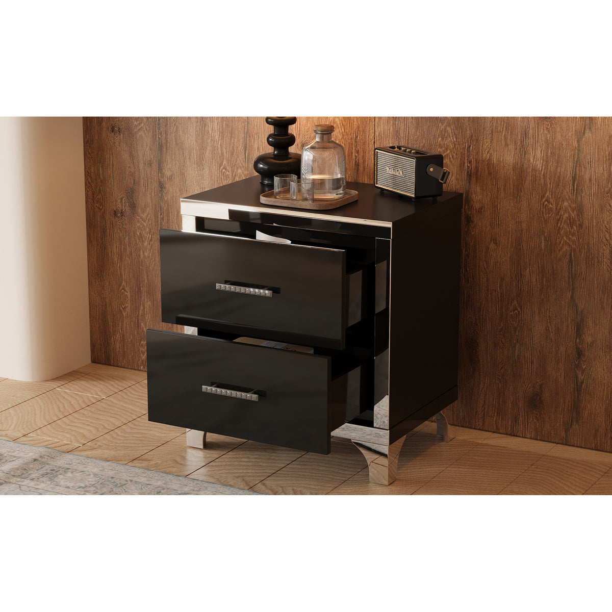 variant-group:rf-n733p205356b|Roomfitters High Gloss Nightstand with Metal Handle, Mirrored Bedside Storage Table for Bedroom or Living Room, Black