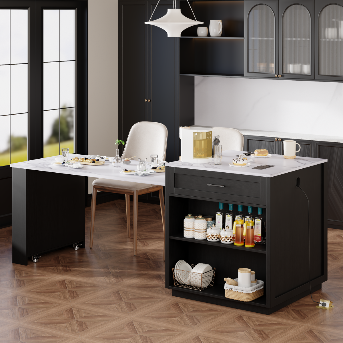 variant-group:rf-n707s000010b|Roomfitters 82.7" Kitchen Island with Extendable Table, Faux Marble Top, Double Storage, Power Outlet, Black