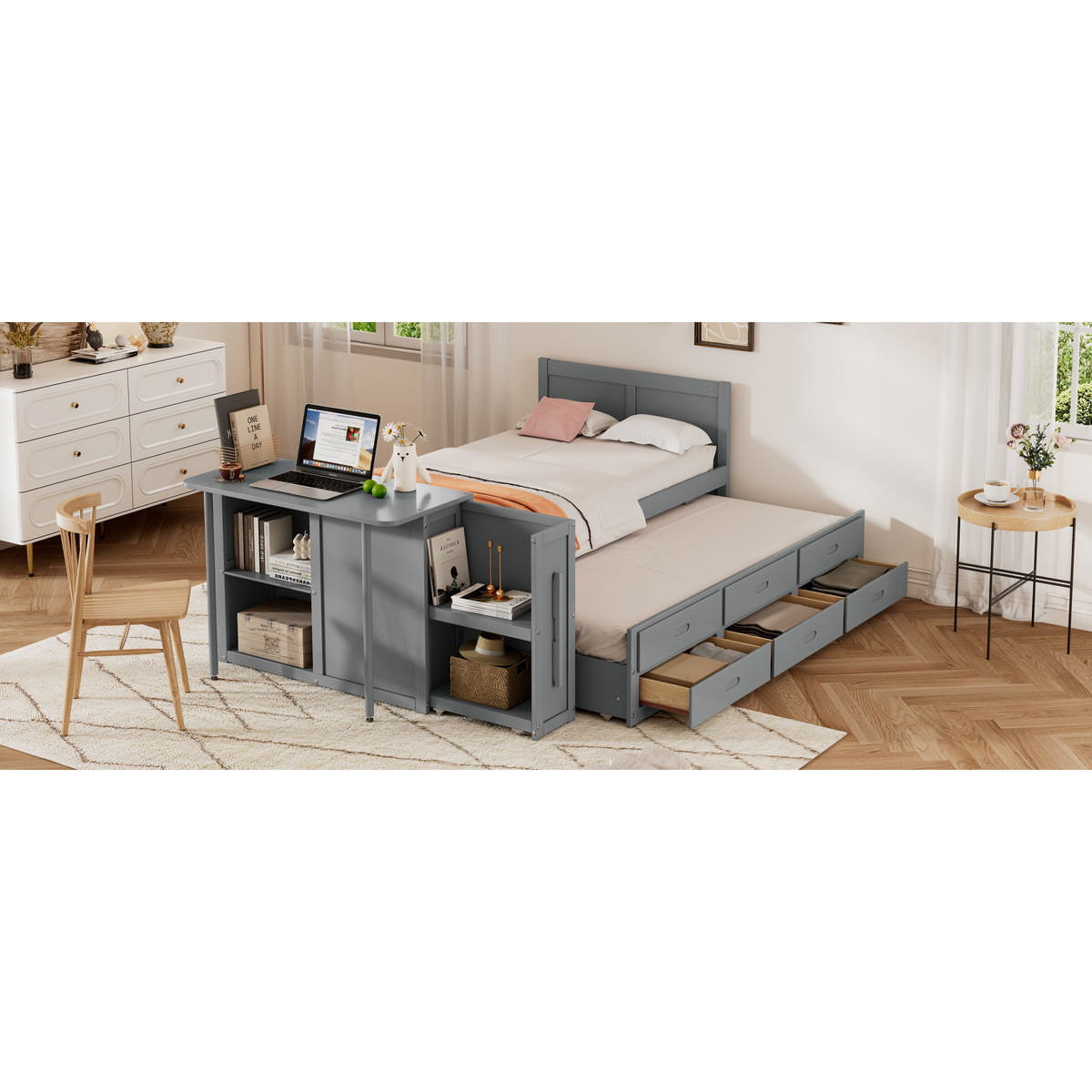 variant-group:rf-n733s212832e|Roomfitters Twin Size Multifunctional Wood Platform Bed with Desk and Storage Shelf, Built-in Trundle and Storage, Grey
