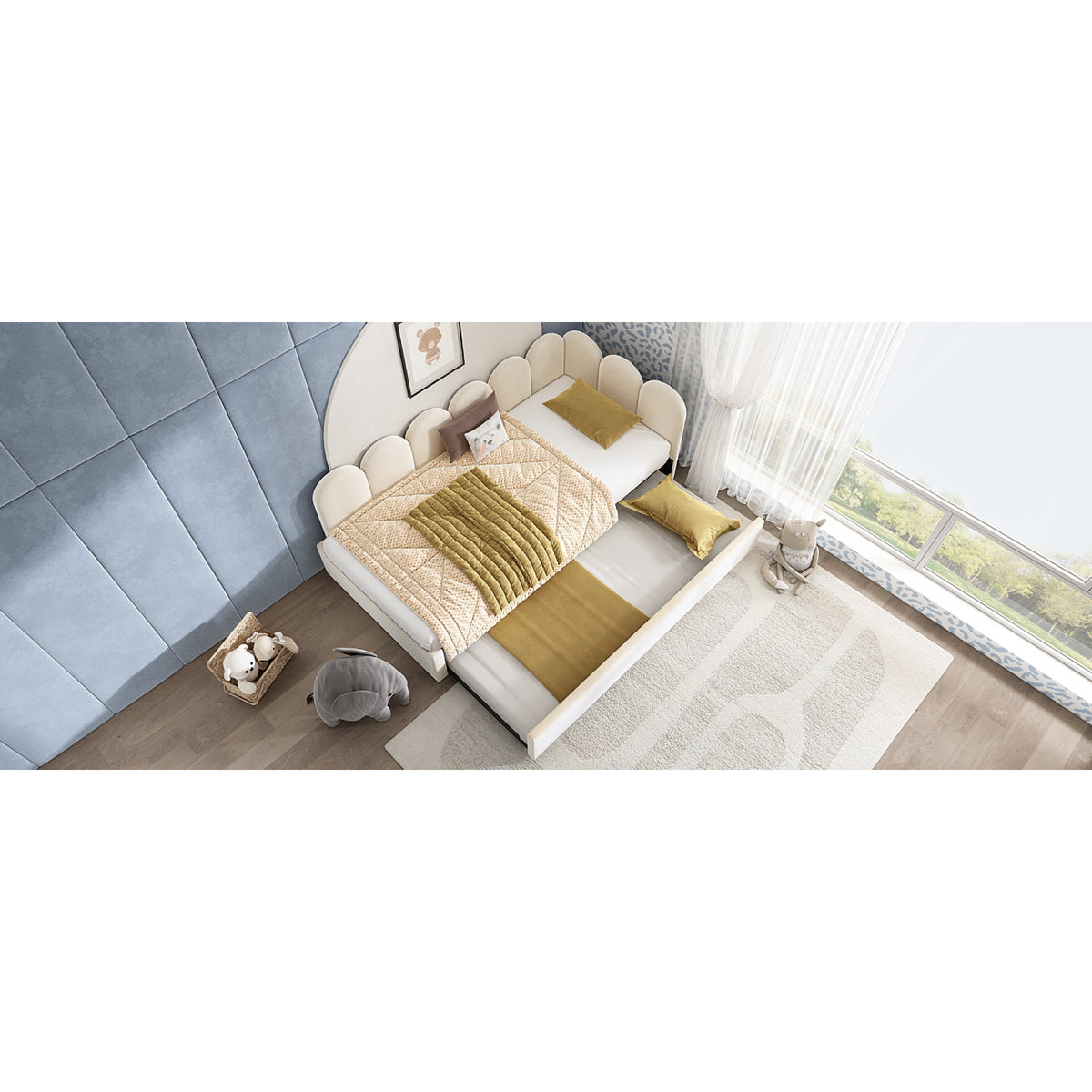 variant-group:rf-n736aa20362122b|Roomfitters Velvet Upholstered Twin Daybed with Pull Out Trundle, Sofa Bed with Metal Slat Frame, Beige