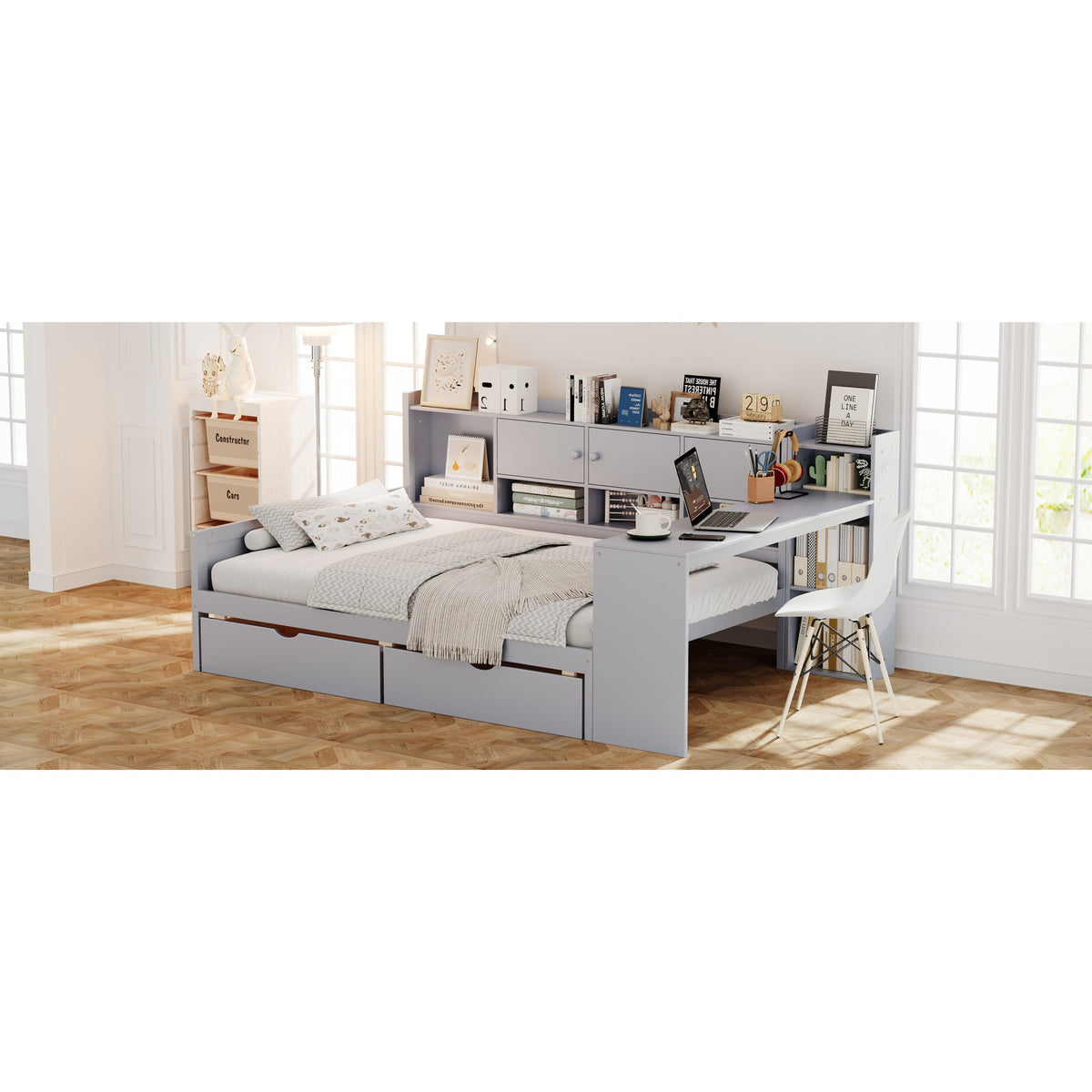 Roomfitters Full Size Wooden L-Shaped Daybed with 3 Cabinets, 2 Drawers, Desk and Bookshelf, Gray