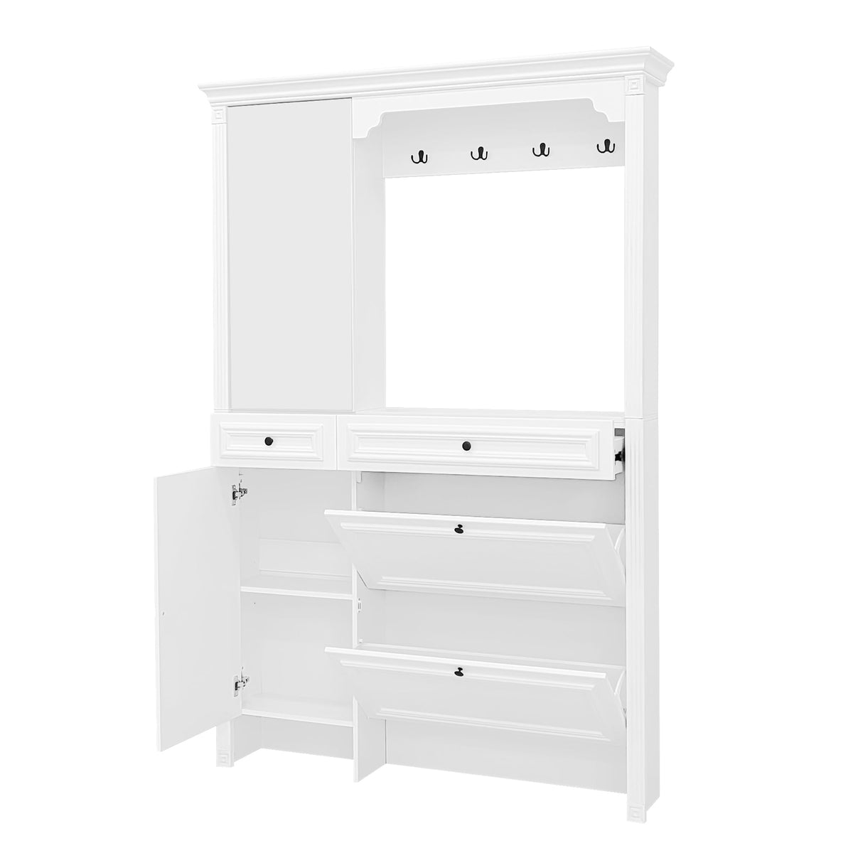 Roomfitters Hall Tree with Shoe Cabinet and Mirrored Door, 4 Hooks and Bench Storage Organizer, White Roomfitters