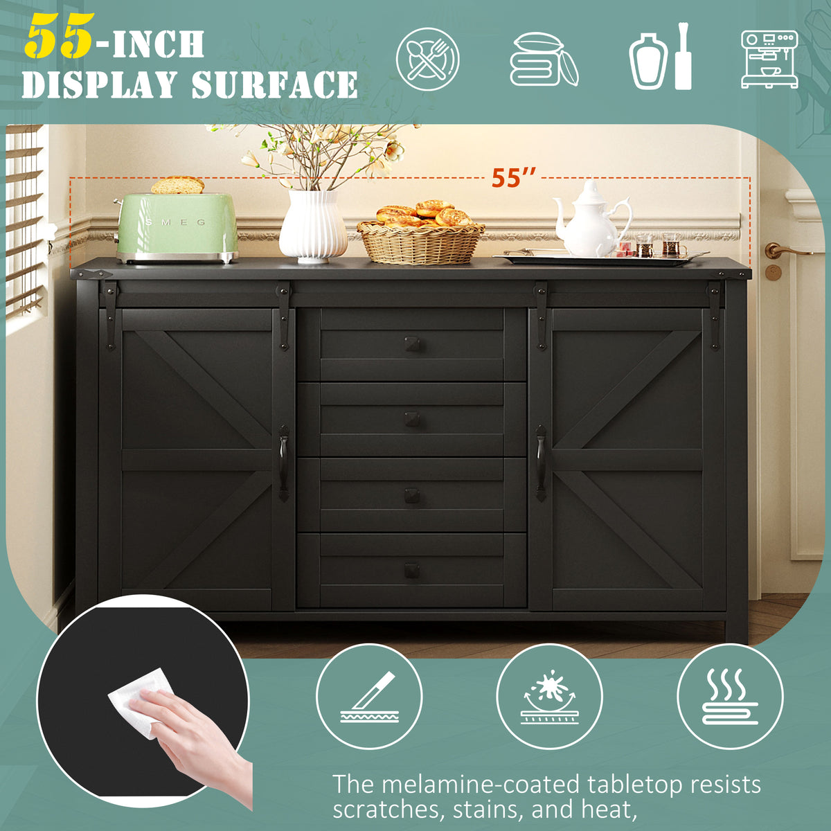 variant-group:rf-n711p347377b|Roomfitters 55.1" Storage Cabinet with 4 Drawers and Sliding Barn Doors, Farmhouse Sideboard Buffet for Kitchen & Dining, Black