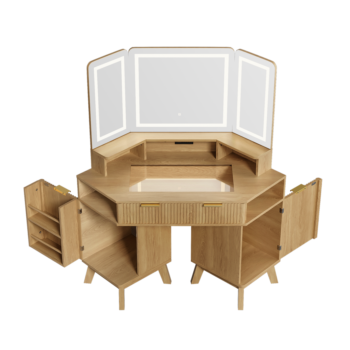 variant-group:rf-n704p392485n|Roomfitters 47.2" Corner Makeup Vanity Desk with 3-Panel LED Mirror, Glass Top, Charging Station and Storage Hutch, Oak