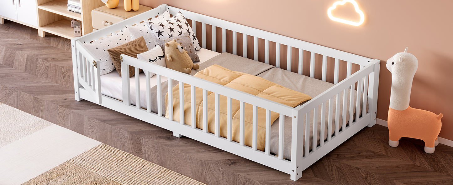 variant-group:rf-w1580p338944|Roomfitters Wooden Twin Floor Bed Frame with Door & Safety Guardrails, Low Platform Design for Bedroom or Playroom, White