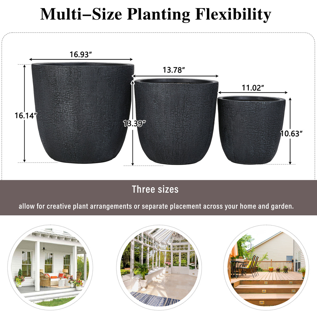 variant-group:rf-n711p406660b|Roomfitters Lightweight MGO Planter Set of 3, Round Weather Resistant Outdoor Indoor Flower Pots for Garden Patio, Black