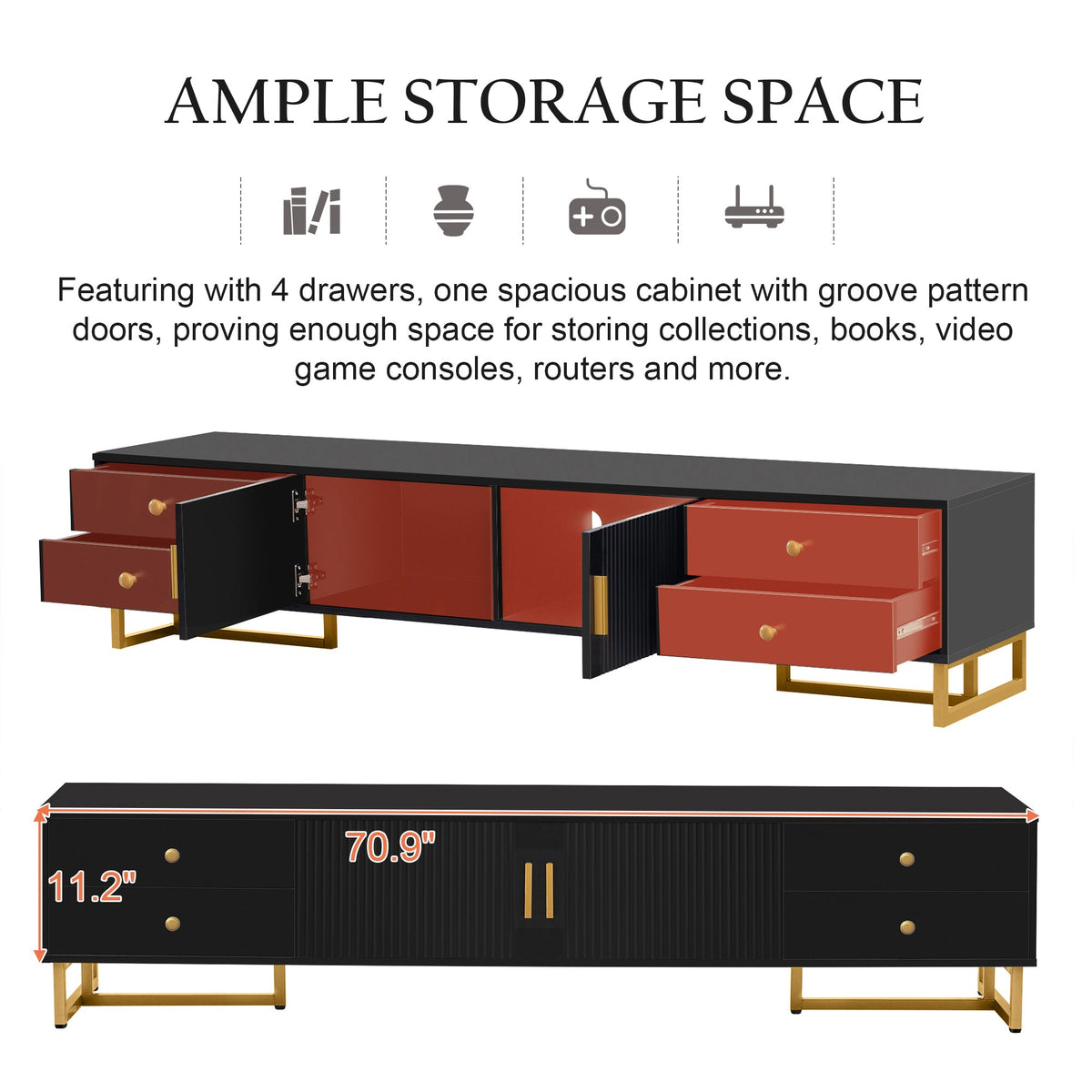 Roomfitters Modern TV Stand for 65 Inch TV and Above, Entertainment Console Cabinet with Storage Compartments, Black Roomfitters