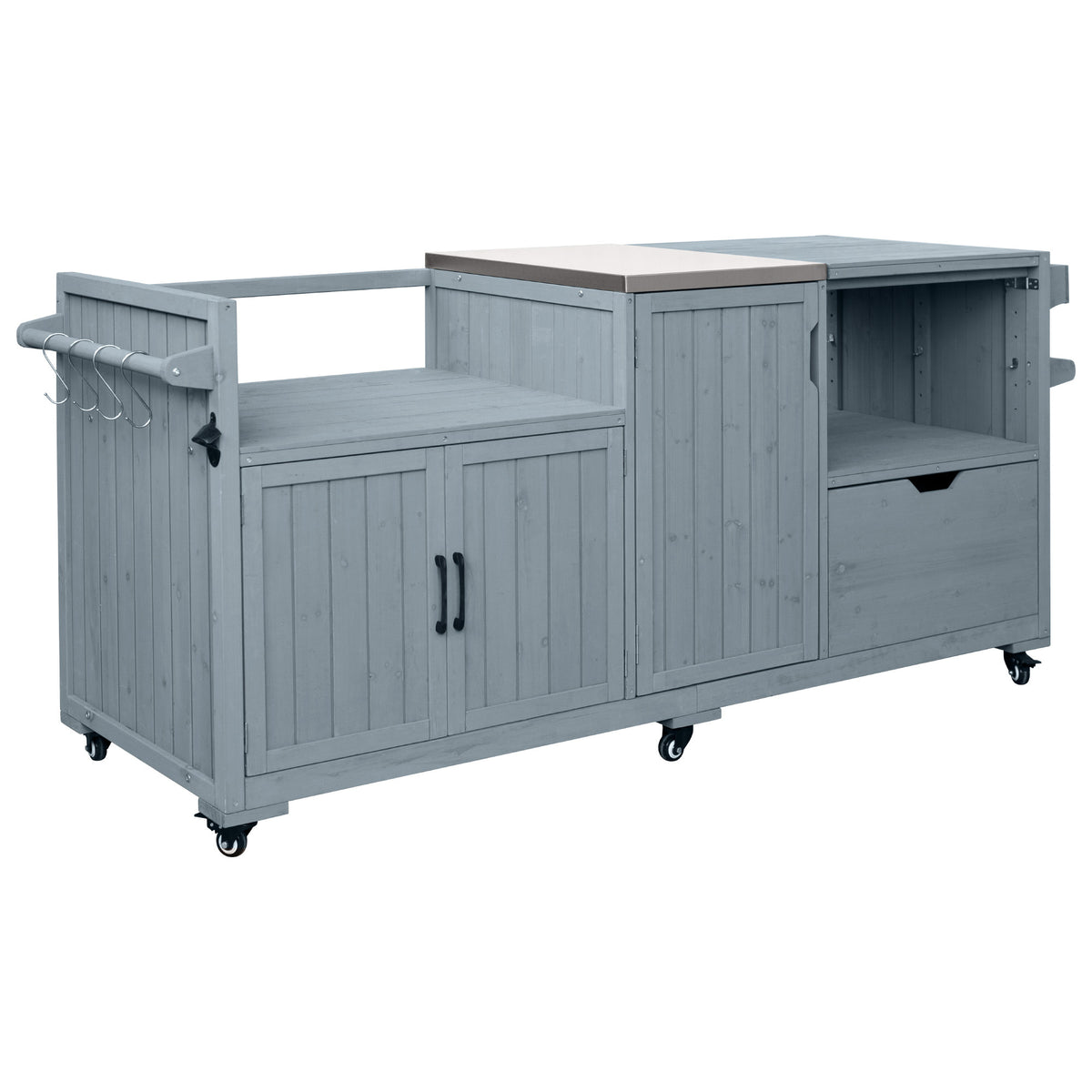 variant-group:rf-n707p392140g|Roomfitters 80.5" Extra Large Grill Cart, Outdoor Kitchen Prep Station with Stainless Steel Top & Kamado Grill Stand, Grey+Blue