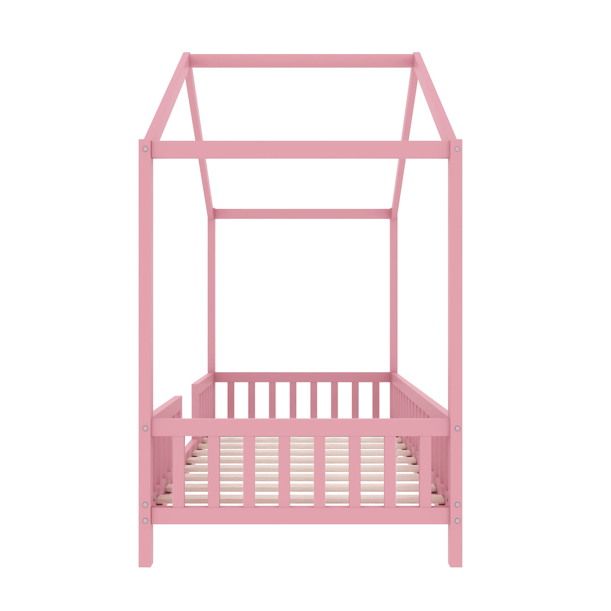 variant-group:rf-n733p356043h|Roomfitters Twin Montessori Floor Bed with Canopy, House Shape Wood Frame with Safety Rails, Youth Platform Bed, Pink