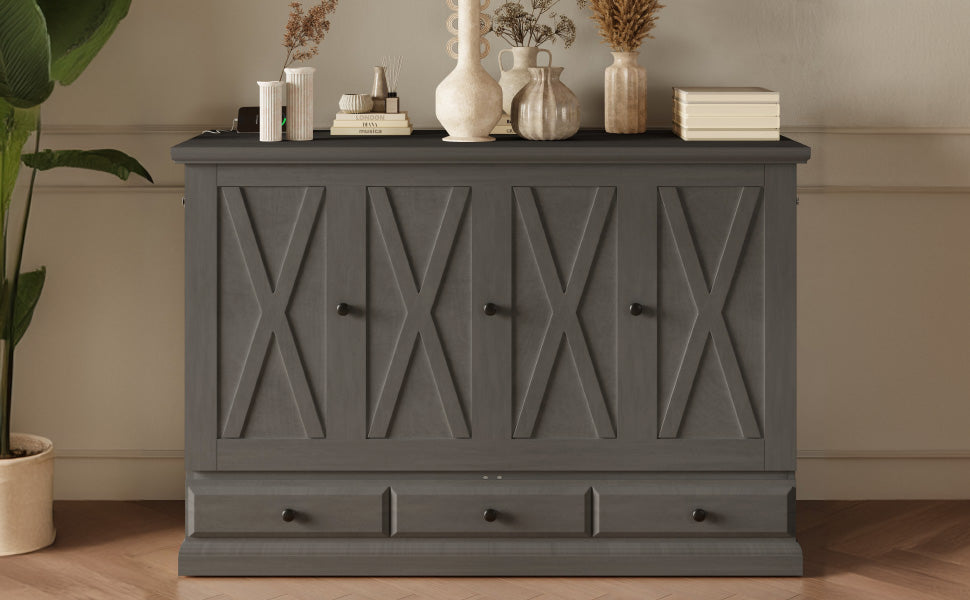 Roomfitters Full Size Solid Wood Murphy Bed Chest Cabinet, Farmhouse Wall Bed Charging Station Storage Drawer, Grey Roomfitters