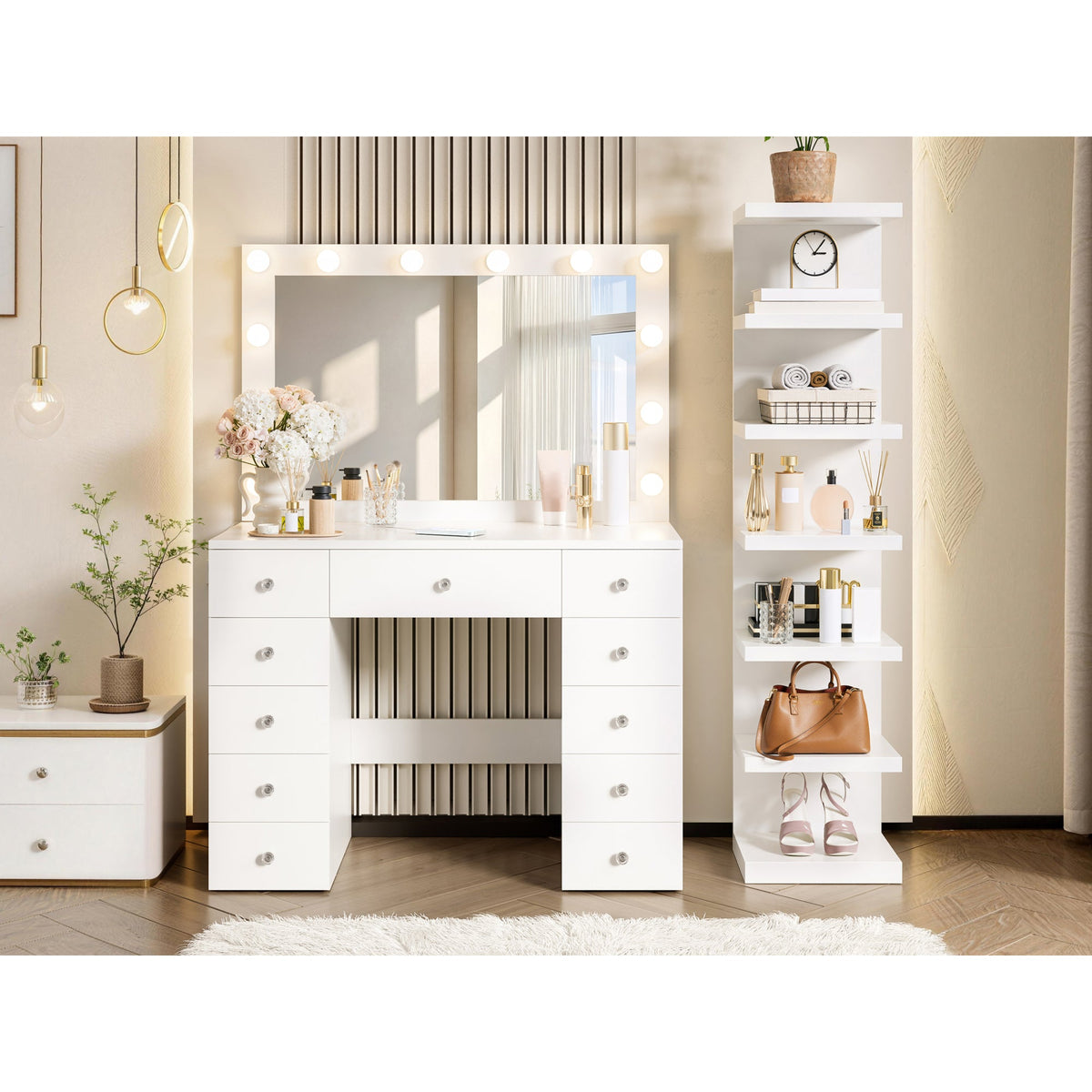 Roomfitters White Makeup Vanity Desk with 11 Hollywood LED Bulbs 7-Tier Side Storage Display Shelves and 11 Drawers Roomfitters