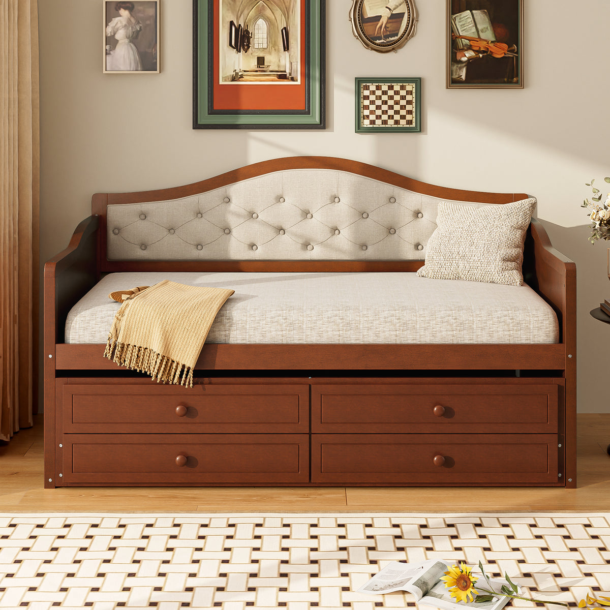 variant-group:rf-n733s346767d|Roomfitters Twin Daybed with Trundle, Wooden Sofa Bed with 2 Storage Drawers & Tufted Backrest, Walnut