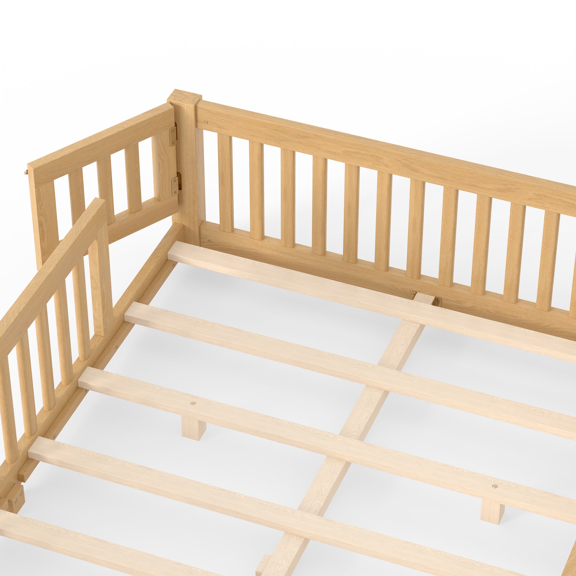 variant-group:rf-w1580p462325|Roomfitters Queen Size Wooden Floor Bed Frame with Safety Guardrails Door, Solid Wood Low Profile Toddler Play Bed, Natural