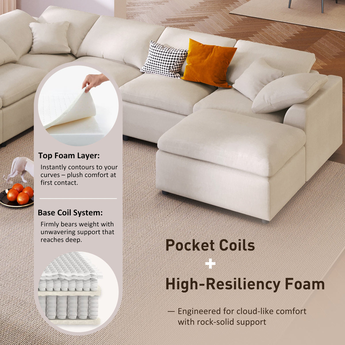 Roomfitters 124.8" 7-Seater Modular Sectional Sofa, Large Modern L-Shaped Upholstered Couch with Ottoman for Living Room, Beige Roomfitters