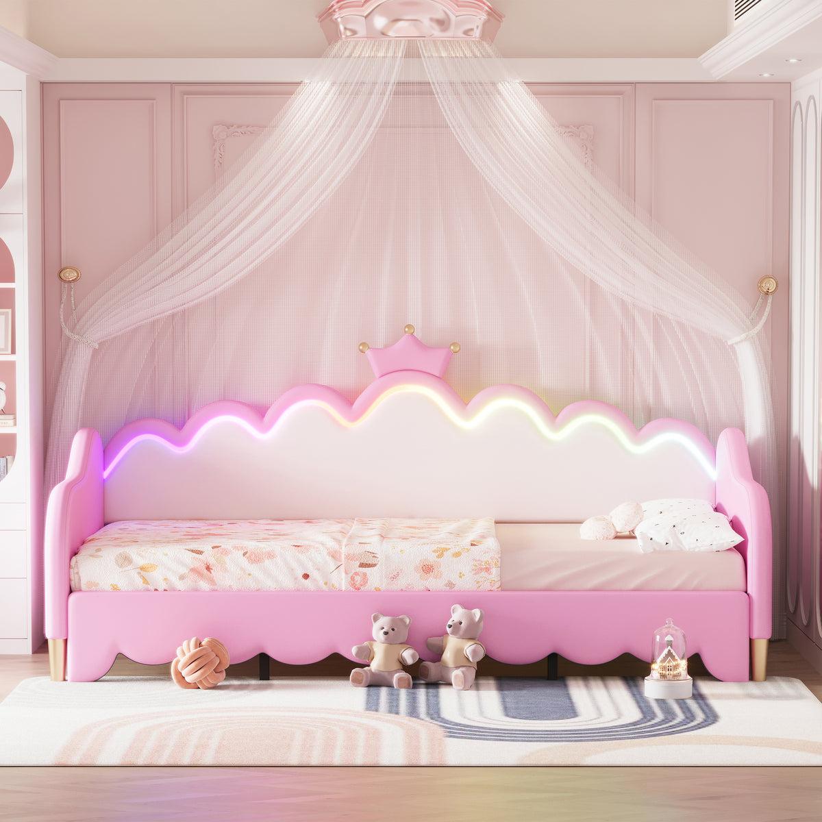 variant-group:rf-n733hl000104aah|Roomfitters Twin Extending Daybed with Lights, Modern Upholstered Princess Daybed Featuring Crown Headboard, Elegant and Practical Design, Pink