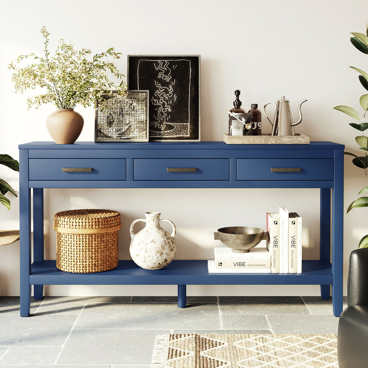 variant-group:rf-n711p410445v|Roomfitters 59.1" Farmhouse Entryway Table with 3 Drawers, Slim Console Sofa Table with Open Shelf for Hallway, Navy Blue