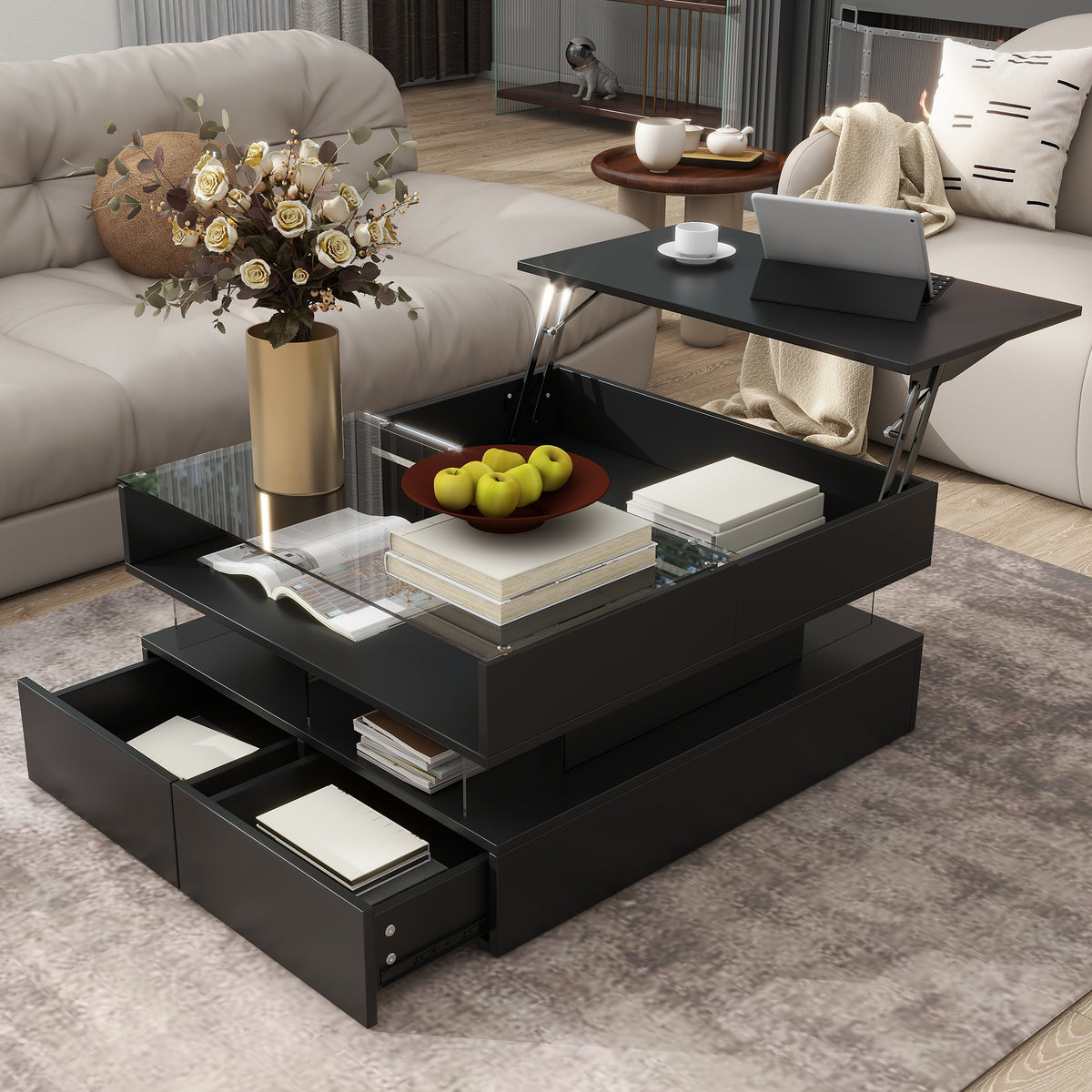 variant-group:rf-n724p290043b|Roomfitters Lift-Top Square Coffee Table with Glass Surface, Hidden Storage, High Gloss Finish, Black