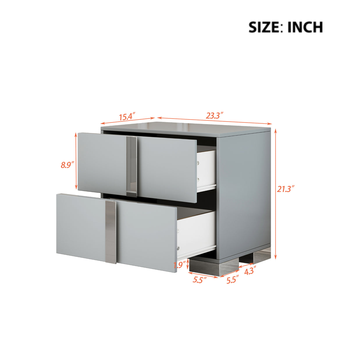 variant-group:rf-n733p307938g|Roomfitters Elegant Mirrored Nightstand with 2 Drawers and Metal Handle, Bedside Table for Bedroom or Living Room, Gray