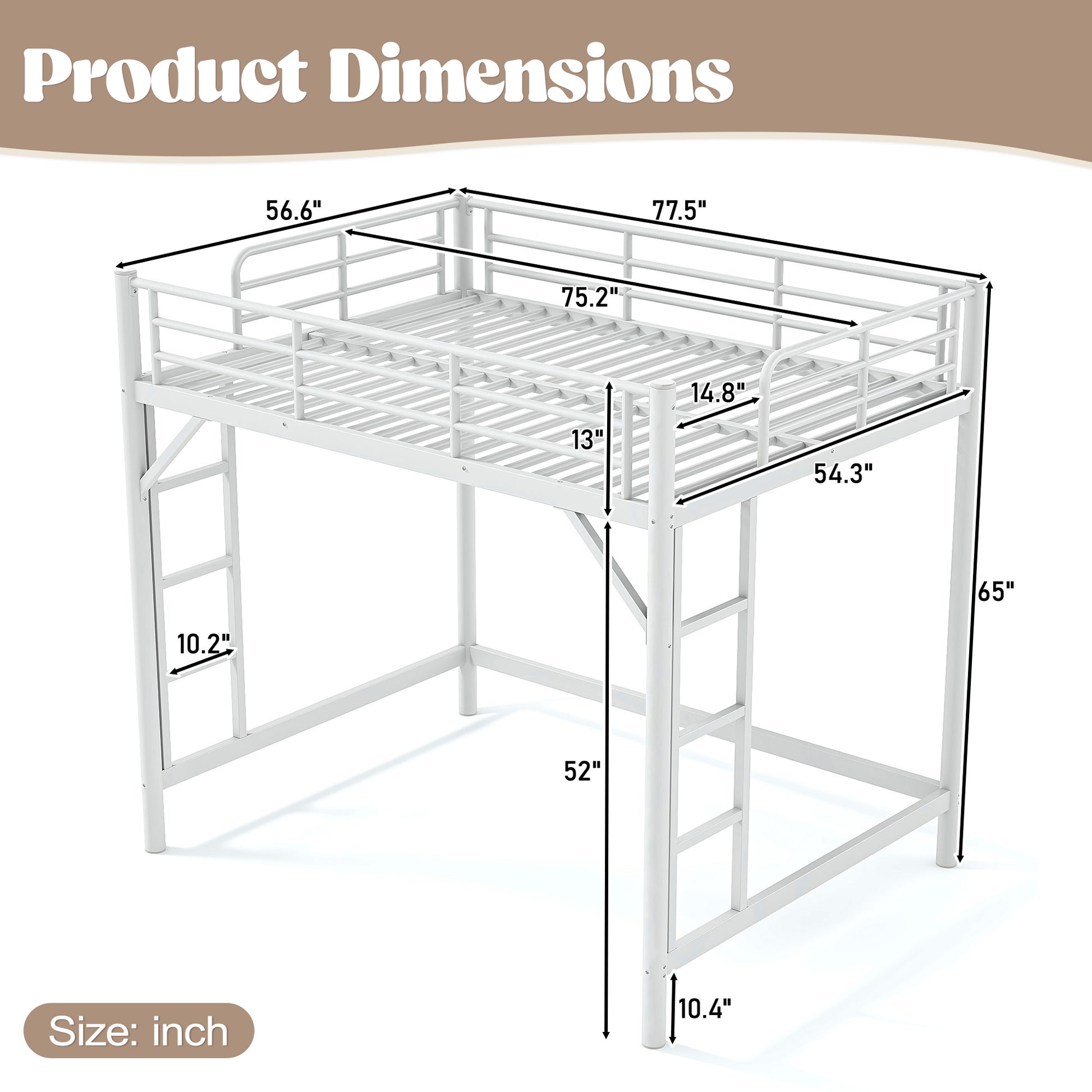 variant-group:rf-w1580p455016|Roomfitters Full Size Metal Loft Bed Frame with Guardrails, Heavy Duty Space Saving High Loft Bed Dual Ladders, White